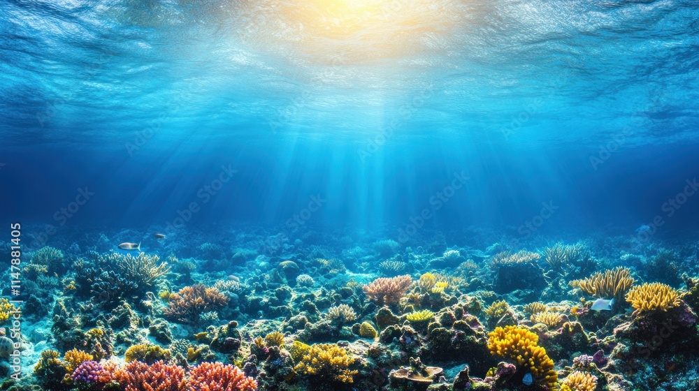 Fototapeta premium Vibrant coral reef underwater scene with sun rays.