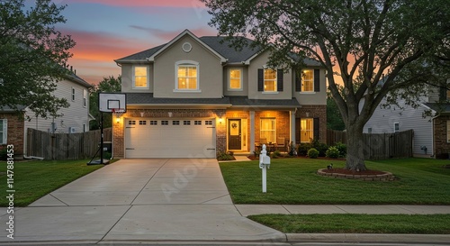Suburban Home Exterior Dusk Brick Two Story Landscaped Yard Driveway Basketball Hoop