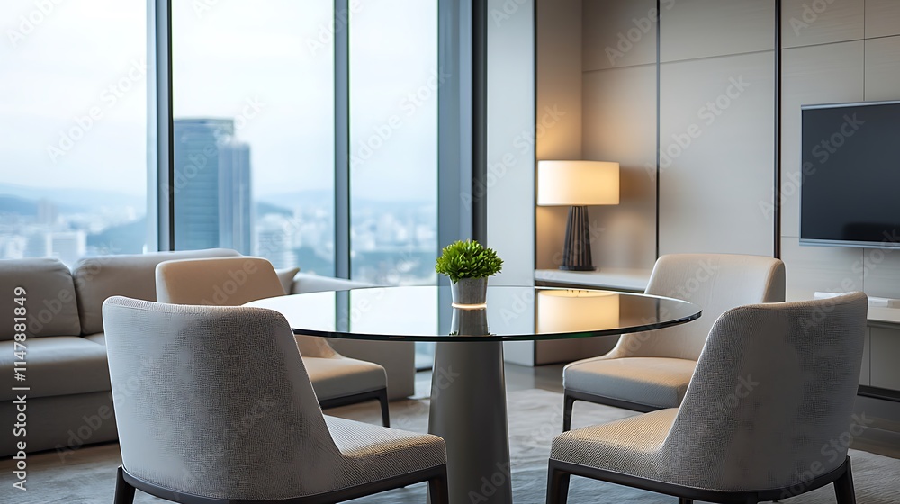 A modern, stylish lounge area with a glass table, two armchairs, a lamp, and a view of the city through large windows. A modern, stylish lounge area with a glass table, two armchairs, a lamp, and a view of the city through large windows.