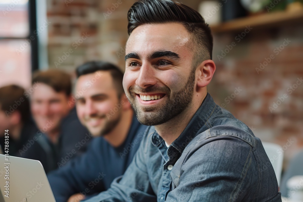 Portrait of a smiling young businessman with colleagues in background at office Portrait of a smiling young businessman with colleagues in background at office