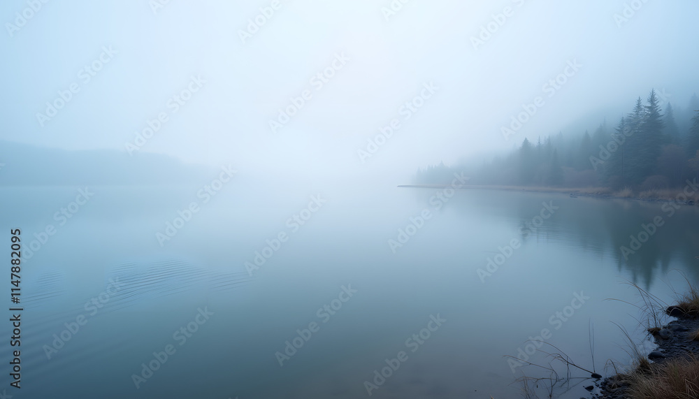 Fototapeta premium Fog over Baikal: Morning fog enveloping the surface of the lake, creating a mysterious atmosphere and soft shades. 