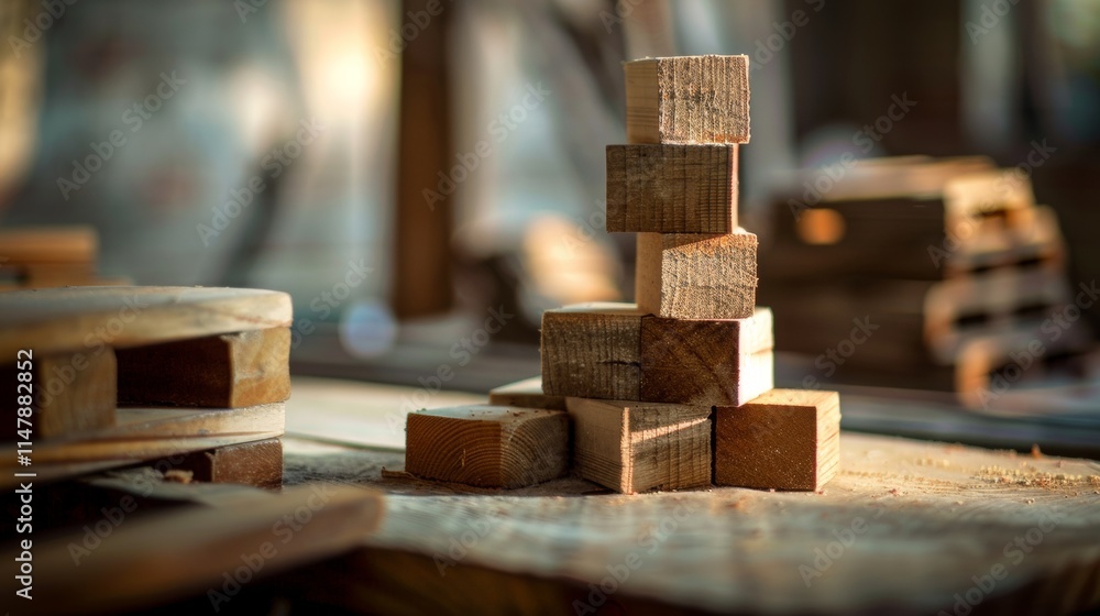 Wooden Building Blocks Stacked in Natural Light Wooden Building Blocks Stacked in Natural Light