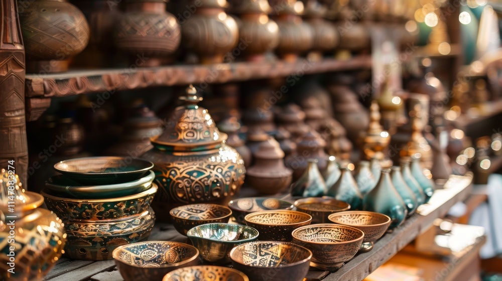 Rustic pottery display with ceramic jugs and bowls on wooden shelves Rustic pottery display with ceramic jugs and bowls on wooden shelves