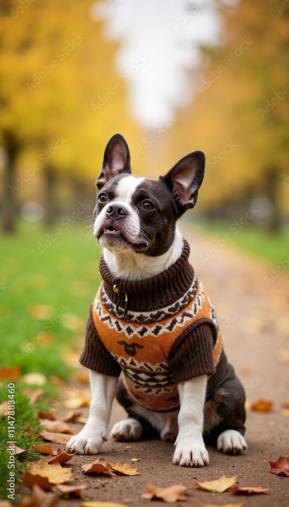 Cute dog in cozy sweater enjoys a stroll through an autumn park lined with vibrant fall foliage Cute dog in cozy sweater enjoys a stroll through an autumn park lined with vibrant fall foliage