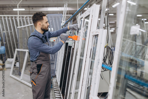 Factory worker assembling aluminum and pvc windows and doors