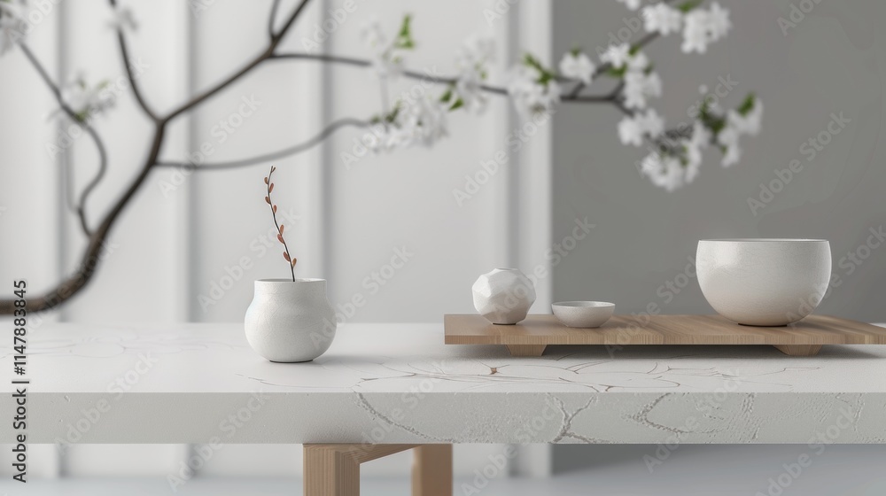Minimalist white vases and flowers on a modern tabletop Minimalist white vases and flowers on a modern tabletop