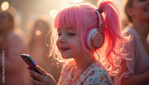 linda niña chibi feliz con el pelo rosa y escuchando música con los cascos photo