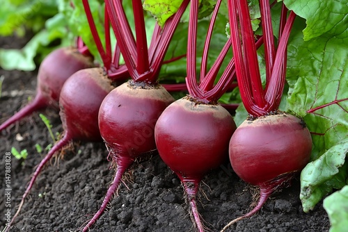 Red radish plant in soil. Radish growing in the garden.