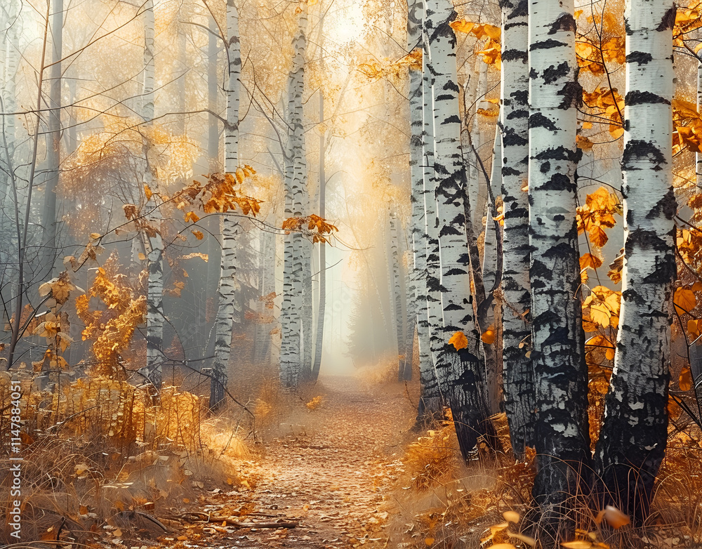 Fototapeta premium Jesienny brzozowy las z wąską, malowniczą ścieżką, otoczony złotymi liśćmi i mglistą atmosferą poranka.