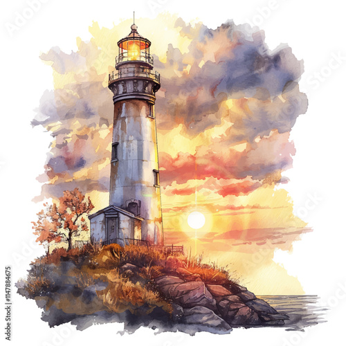 sunset behind a lighthouse vector illustration in watercolor style