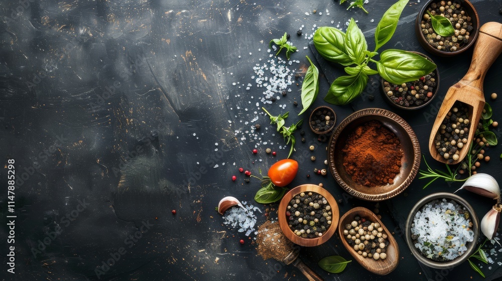 Assorted spices and herbs in rustic bowls on a dark background