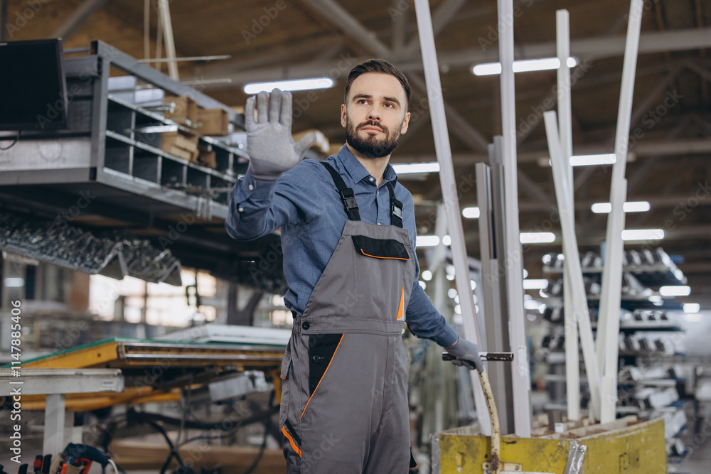 Fototapeta premium Factory worker making stop gesture in aluminum and pvc windows and doors production
