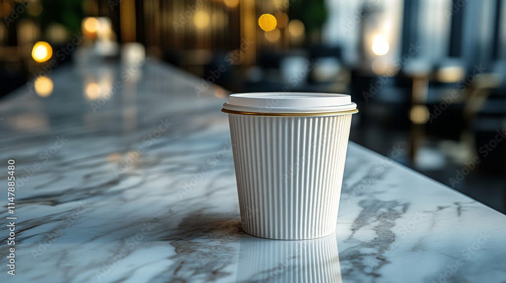 A single-use, white coffee cup sits on a marble surface in a cafe. The background is blurred, highlighting the cup's elegant simplicity. A single-use, white coffee cup sits on a marble surface in a cafe. The background is blurred, highlighting the cup's elegant simplicity.
