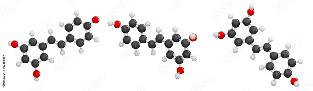 Molecule of Resveratrol. Set of views. Molecular formula: C14H12O3. Chemical model: Ball and Stick. Isolated. Transparent background. PNG transparent. 3D illustration. Molecule of Resveratrol. Set of views. Molecular formula: C14H12O3. Chemical model: Ball and Stick. Isolated. Transparent background. PNG transparent. 3D illustration.