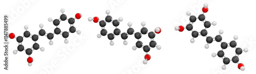 Molecule of Resveratrol. Set of views. Molecular formula: C14H12O3. Chemical model: Ball and Stick. Isolated. Transparent background. PNG transparent. 3D illustration. photo