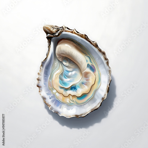 a close-up photo of an oyster shell, showing the intricate and colorful iridescent patterns inside the shell, oyster shell, iridescent shell, natural patterns, detailed textures