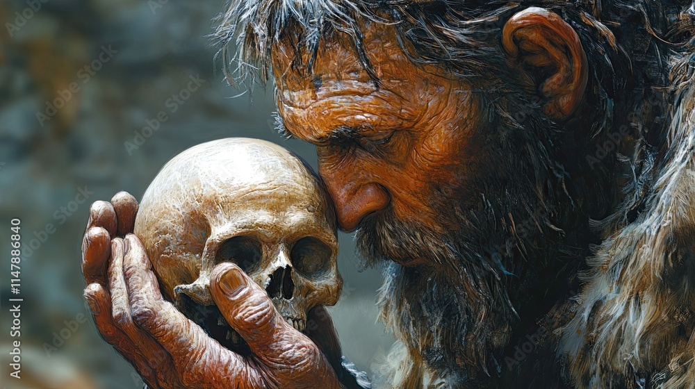 Obraz premium An illustration of a Neanderthal man clutching his skull 