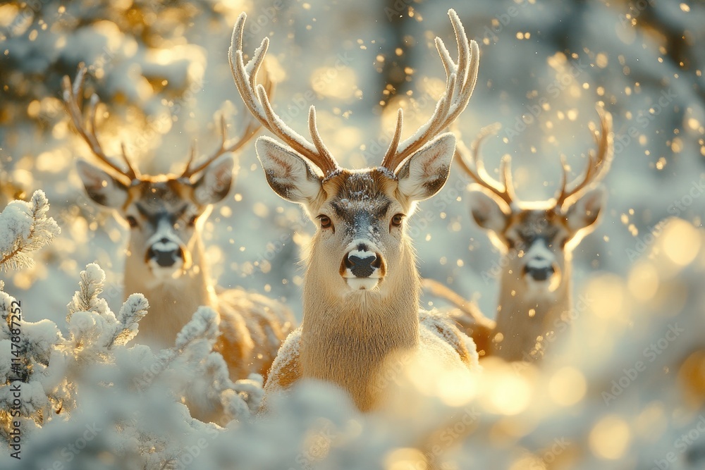 Majestic deer family posing in snowy winter wonderland Majestic deer family posing in snowy winter wonderland