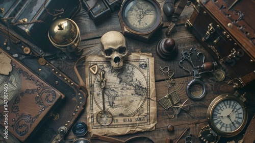 Vintage Map and Compass with Skull and Adventure Theme photo