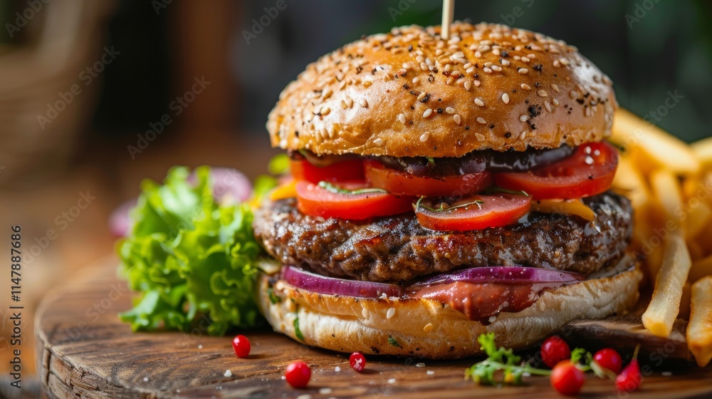Delicious Burger with Fresh Ingredients and Fries Delicious Burger with Fresh Ingredients and Fries