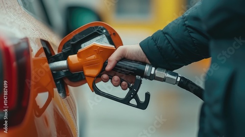 man's hand grips a gasoline fuel nozzle, refuels his car with care, essential connection between humans and their vehicle ready to embark on new journeys photo