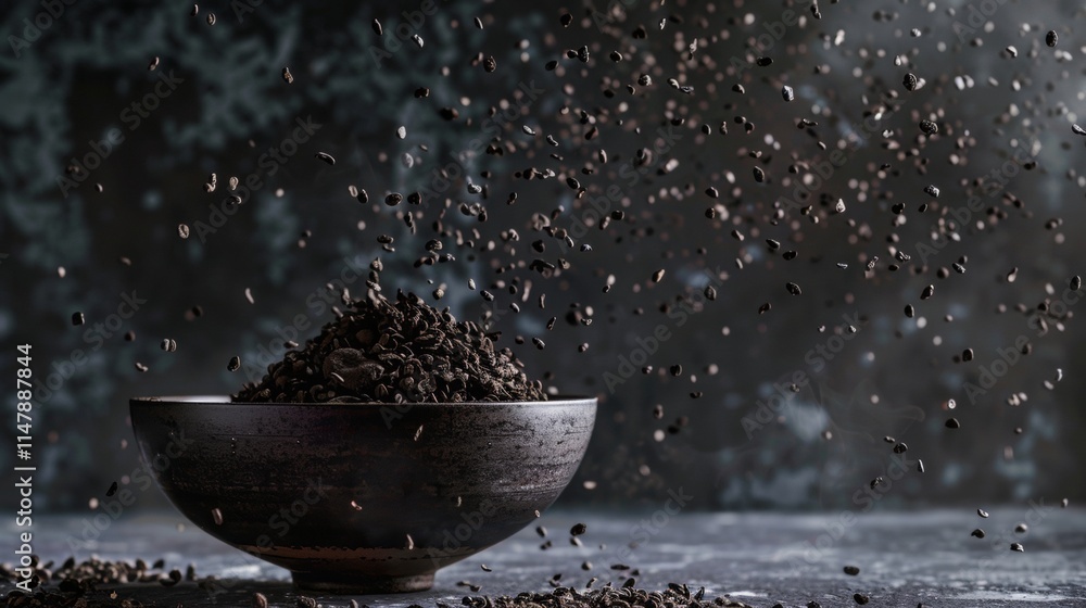 Coffee Beans Falling into a Rustic Bowl Coffee Beans Falling into a Rustic Bowl
