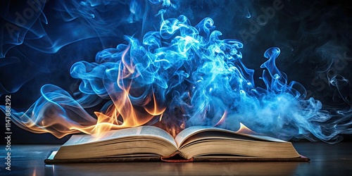 An Open Book Embraces Mystical Blue and Orange Flames, Evoking Power and Knowledge