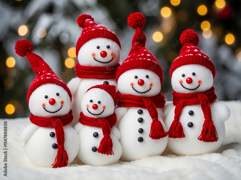 Group of Cheerful Snowmen in Red Scarves and Hats with Festive Background Group of Cheerful Snowmen in Red Scarves and Hats with Festive Background