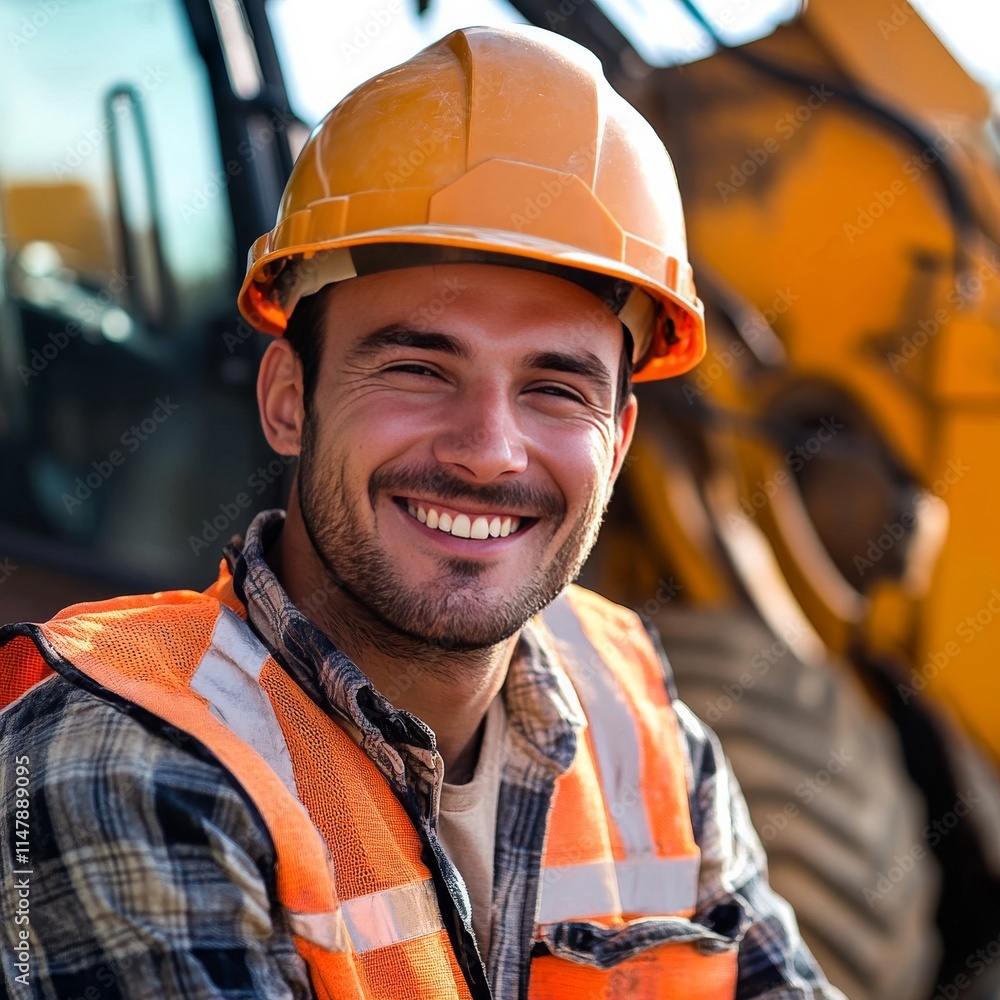 Worker in hard hat grins at camera. Worker in hard hat grins at camera.