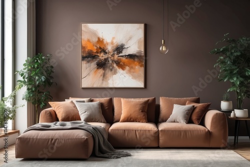 brown corner sofa with decorative cushions standing in a bright living room interior with an abstract painting