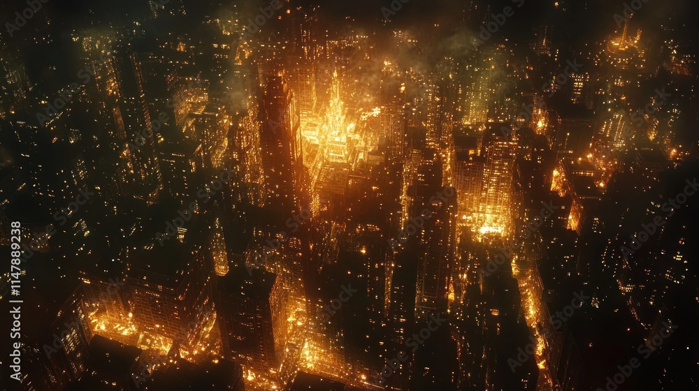 Naklejka premium City lights from above with 'The hustle builds empires' glowing brightly
