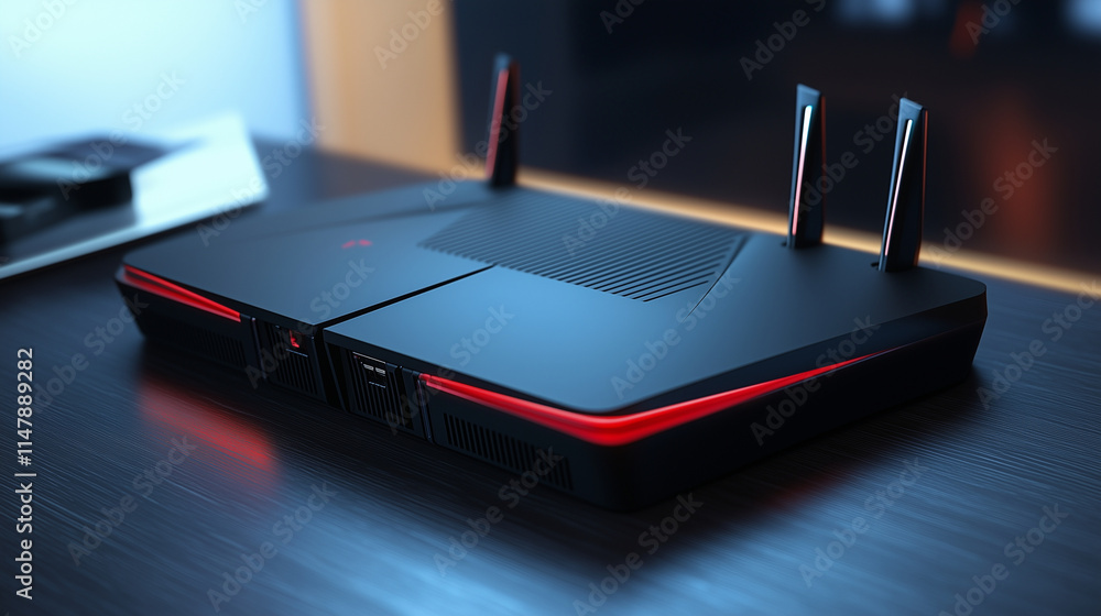 Gaming router optimized for low latency and bandwidth prioritization, tech and entertainment concepts Gaming router optimized for low latency and bandwidth prioritization, tech and entertainment concepts