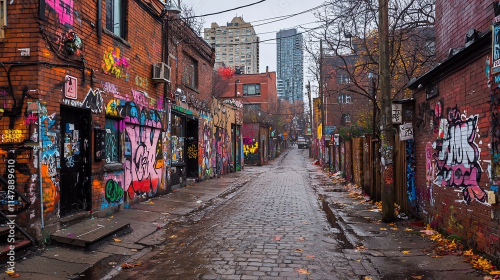 Fototapeta premium Graffiti-covered brick alleyway on a cloudy autumn day.