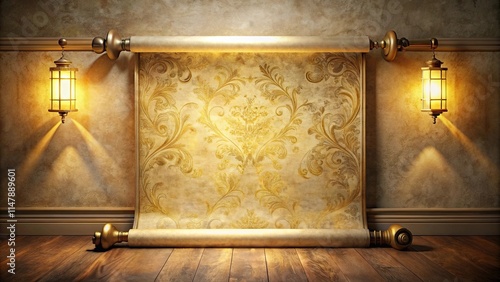 Elegant Rolled Wallpaper Display with Antique Lighting Fixtures on Wooden Floor