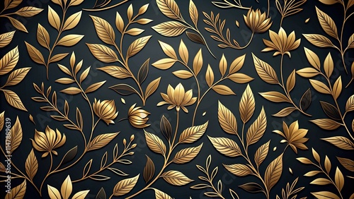 Elegant Gold Floral Pattern on Dark Background Luxurious Botanical Design for Textile, Wallpaper, or Decorative Purposes