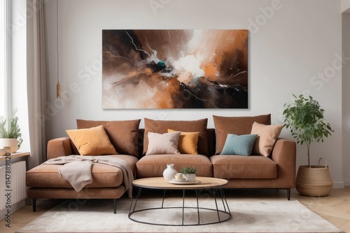 brown corner sofa with decorative cushions standing in a bright living room interior with an abstract painting