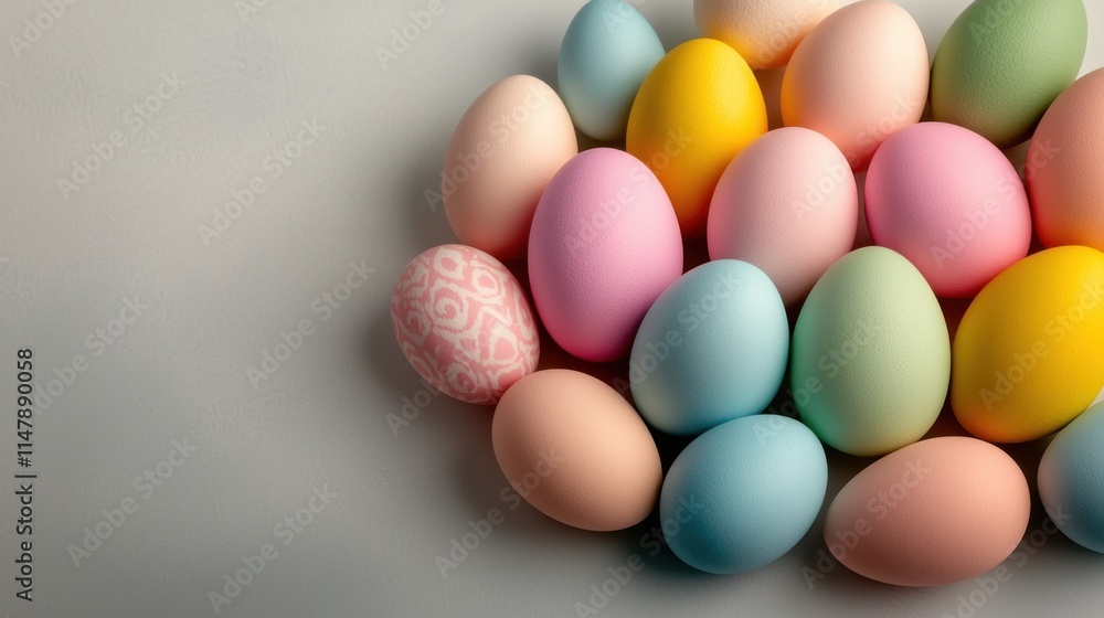 A vibrant assortment of Easter eggs in various colors, such as pink, blue, yellow, and green, are arranged in a circular pattern on a clean white background, creating a festive and cheerful display. A vibrant assortment of Easter eggs in various colors, such as pink, blue, yellow, and green, are arranged in a circular pattern on a clean white background, creating a festive and cheerful display.