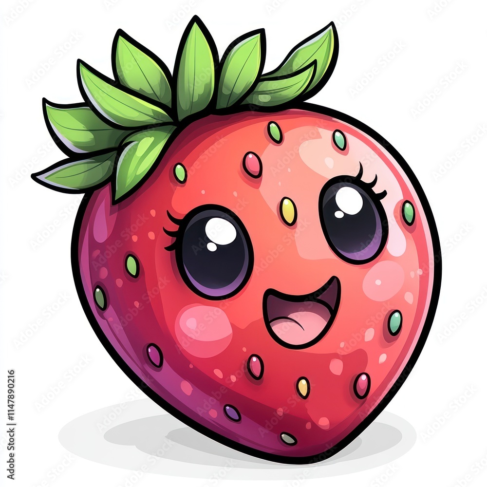 Obraz premium Cute cartoon strawberry with big eyes and happy smile. (1)