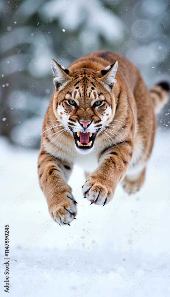 Obraz premium Fierce tiger leaps through snow-covered terrain with determined expression