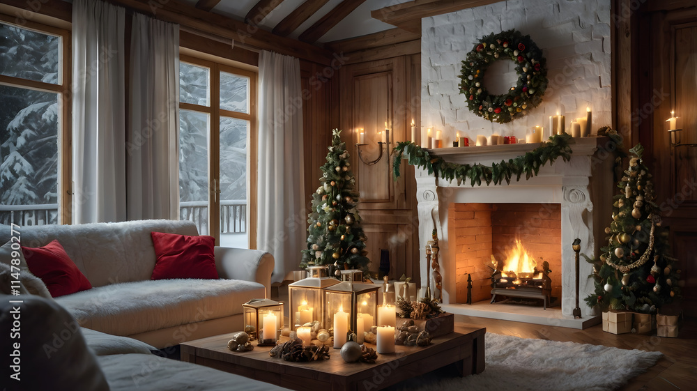 Naklejka premium fireplace with christmas decorations