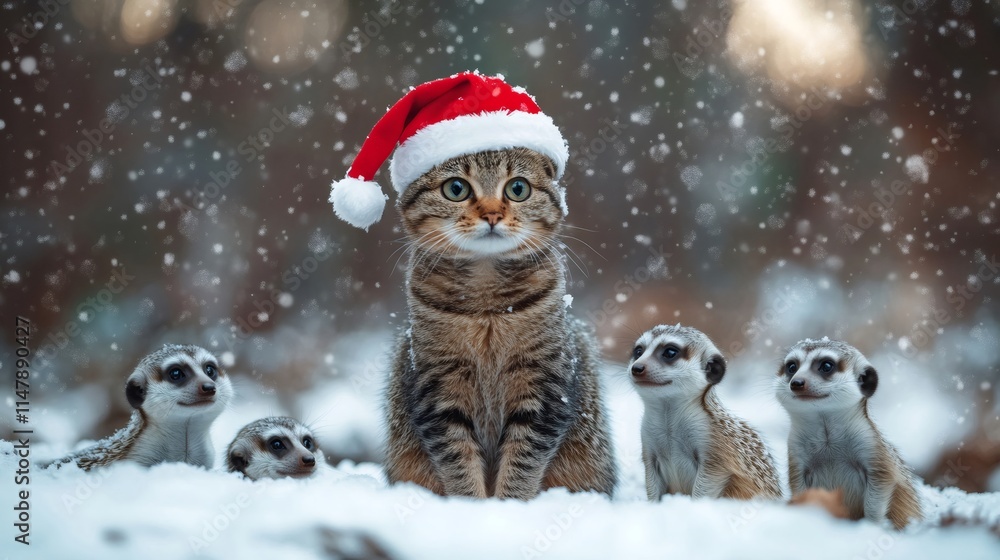 Cat wearing santa hat posing with meerkats in snowy forest during a snowfall Cat wearing santa hat posing with meerkats in snowy forest during a snowfall