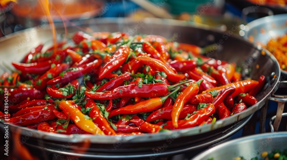 Spicy Stir-Fry with Red and Green Chilies in a Wok Spicy Stir-Fry with Red and Green Chilies in a Wok
