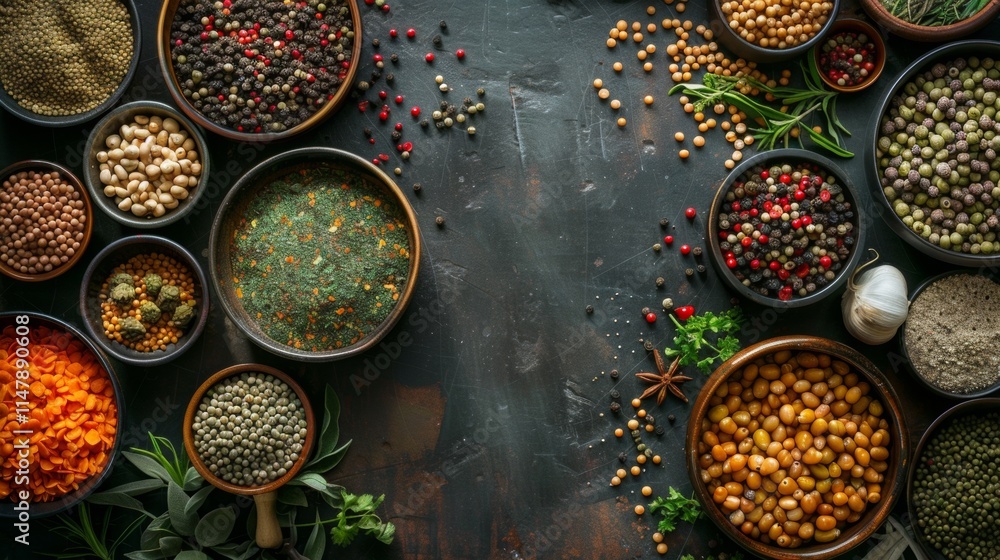 Assorted Spices and Herbs in Bowls on Dark Surface Assorted Spices and Herbs in Bowls on Dark Surface