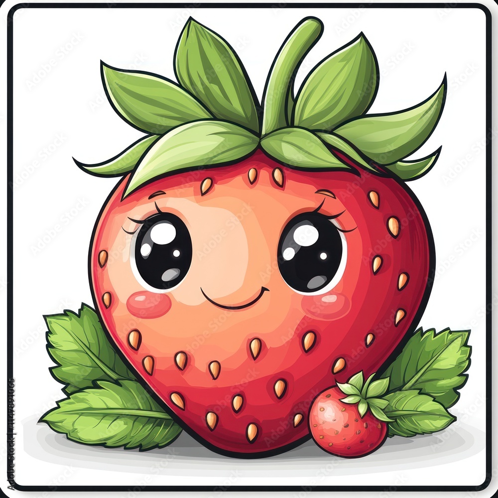 Obraz premium Cute cartoon strawberry with big eyes and happy smile.