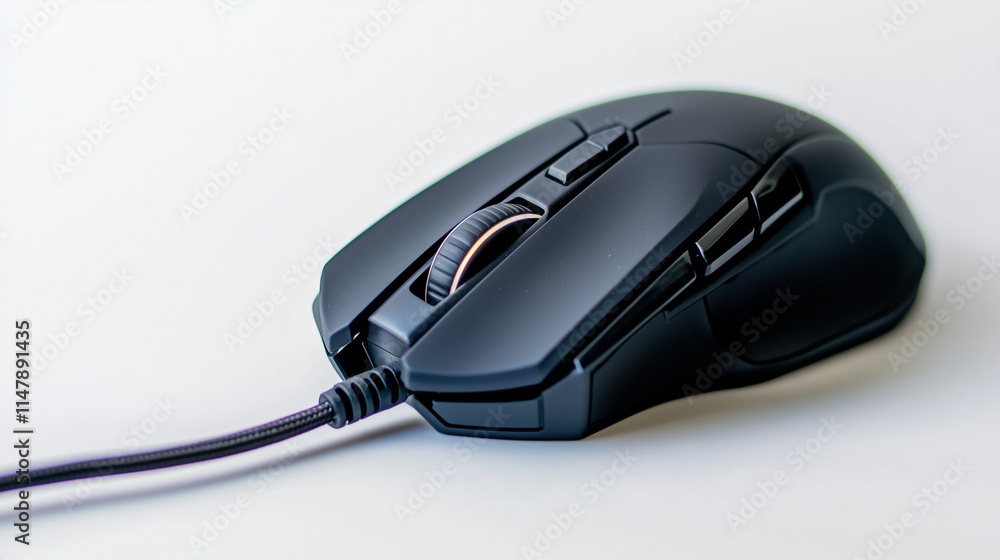 RGB gaming mouse with a braided cable and customizable DPI button, front view showcase, on white background RGB gaming mouse with a braided cable and customizable DPI button, front view showcase, on white background