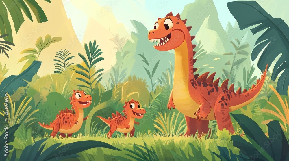 A Happy Dinosaur Family in Lush Tropical Jungle Paradise: A Delightful Illustration of Prehistoric Creatures A Happy Dinosaur Family in Lush Tropical Jungle Paradise: A Delightful Illustration of Prehistoric Creatures