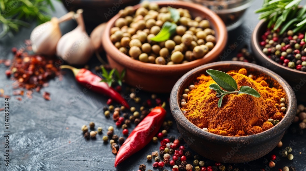 Assorted Spices and Legumes in Bowls with Red Chili Peppers Assorted Spices and Legumes in Bowls with Red Chili Peppers