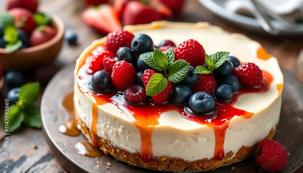 Delicious Cheesecake Topped With Berries And Mint Delicious Cheesecake Topped With Berries And Mint