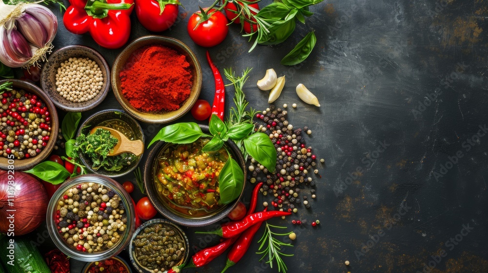 Spices and Chili Peppers Arranged on Dark Rustic Background Spices and Chili Peppers Arranged on Dark Rustic Background