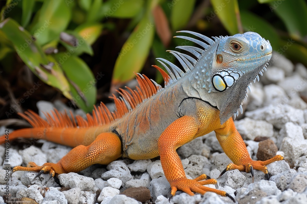 Obraz premium Orange and blue iguana resting on rocks